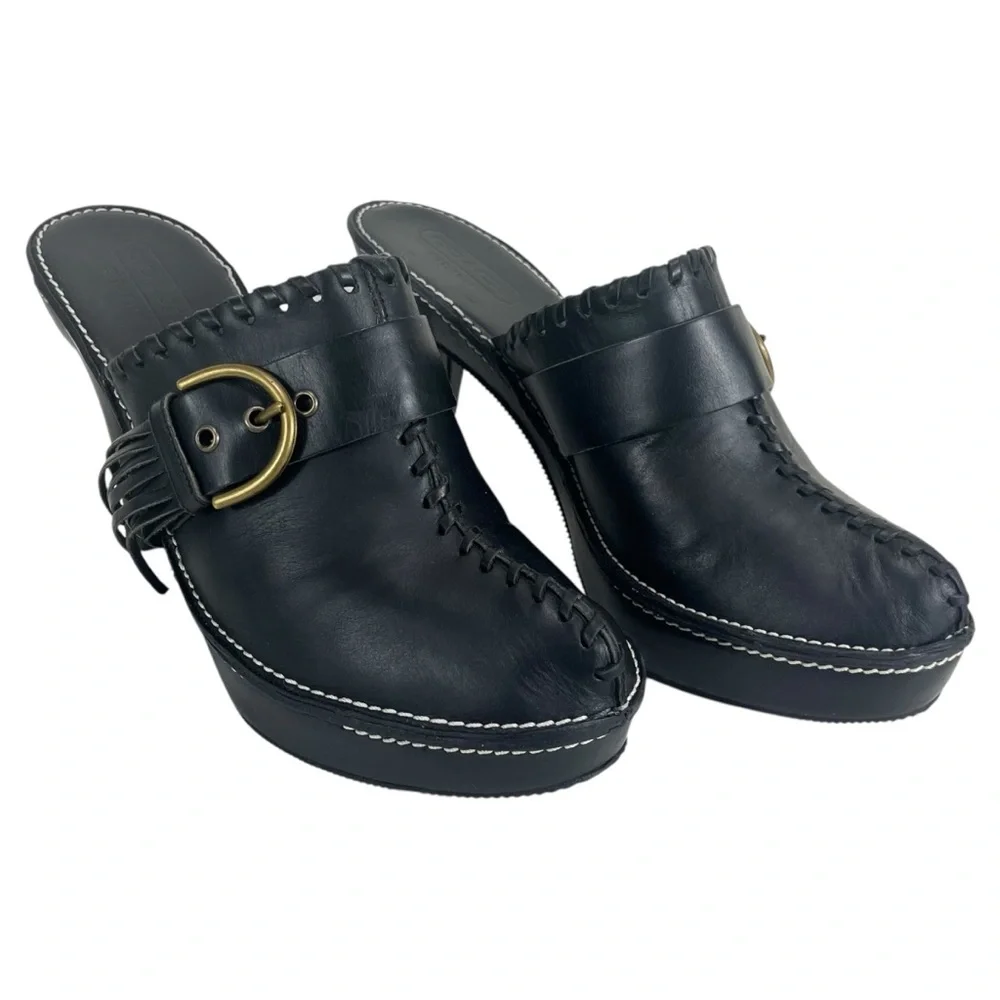 Coach Women 9B Katryna Black Leather 4.5” Heeled Mules‎ Clog Buckle & Fringe